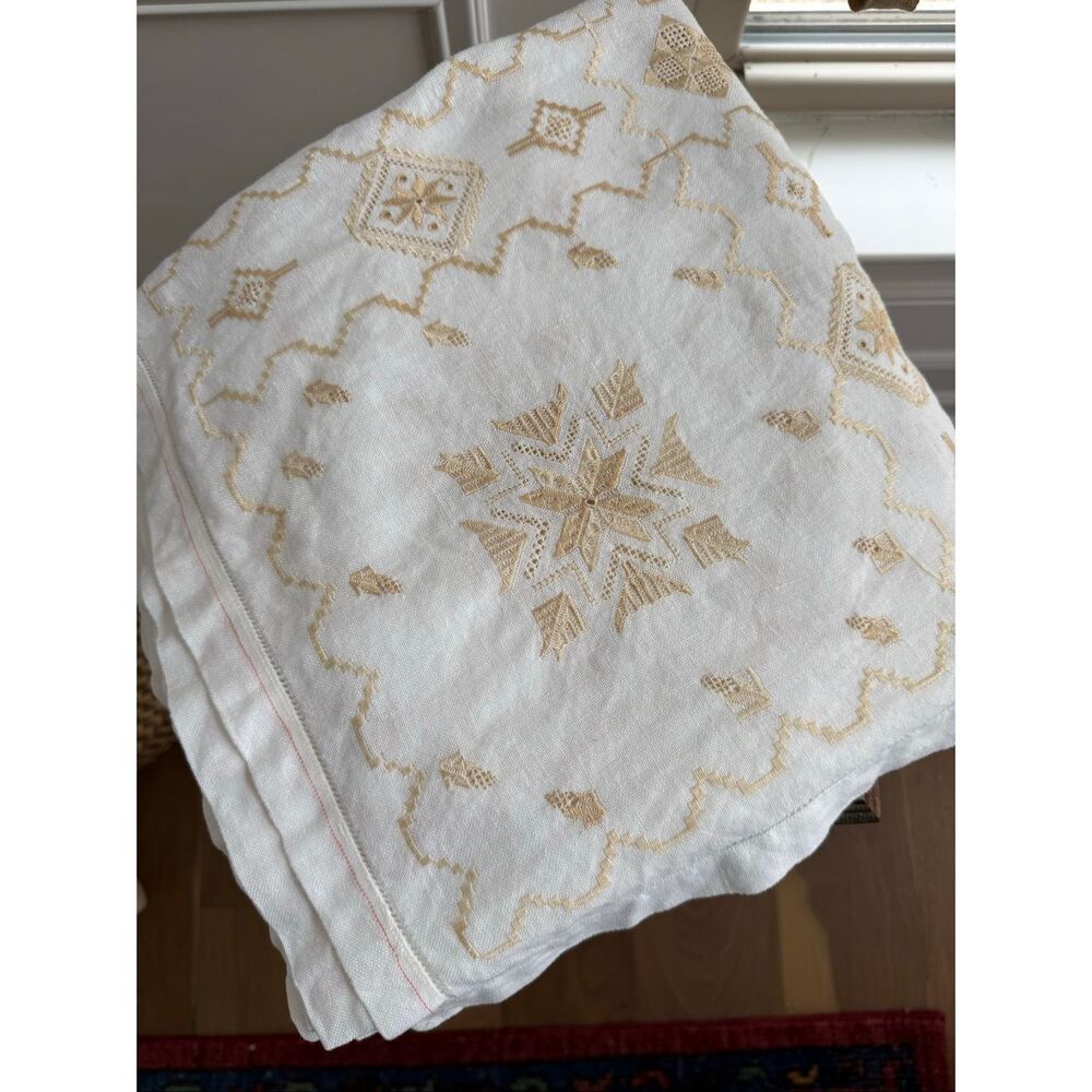 Vintage Tan Embroidered Punchwork Hemstitch Ivory Muslin Rectangle Tablecloth 78